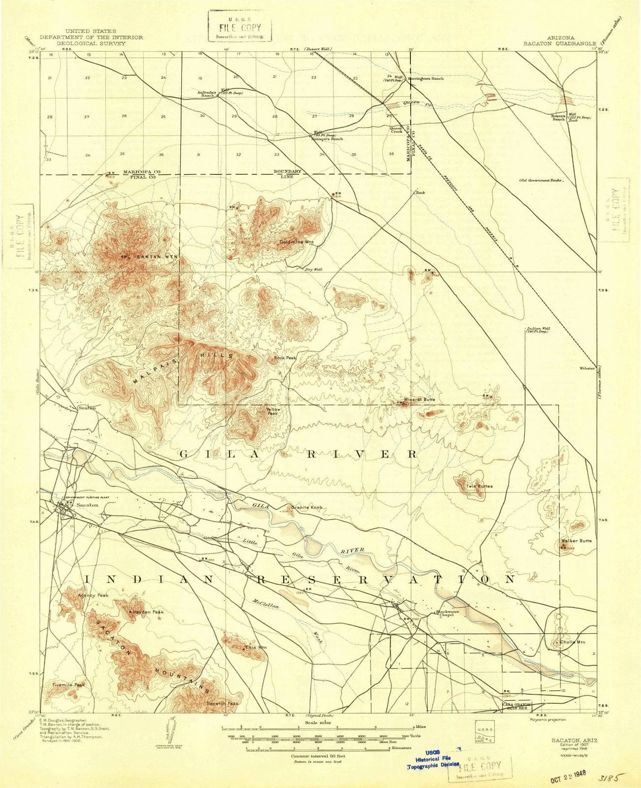 1907 Sacaton, AZ - Arizona - USGS Topographic Map