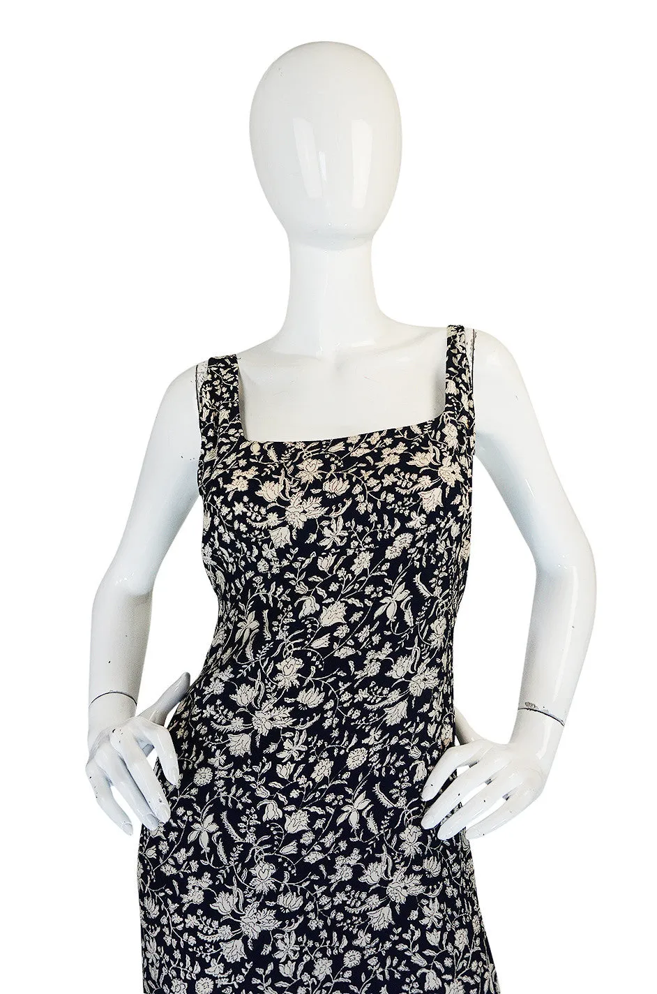 1930s Blue and Cream Bias Cut Silk Floral Print Dress