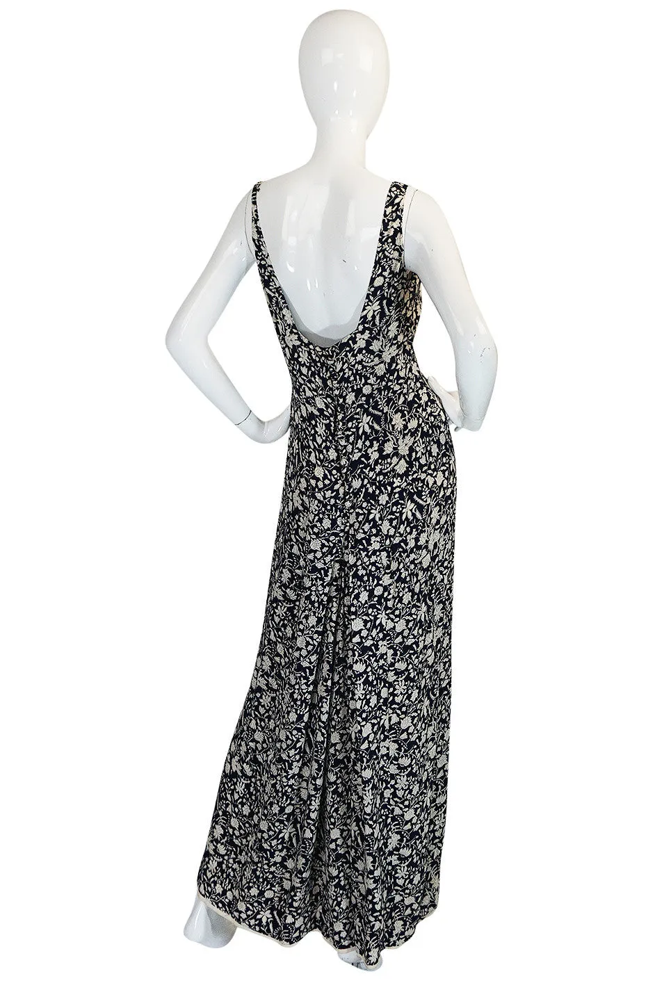 1930s Blue and Cream Bias Cut Silk Floral Print Dress