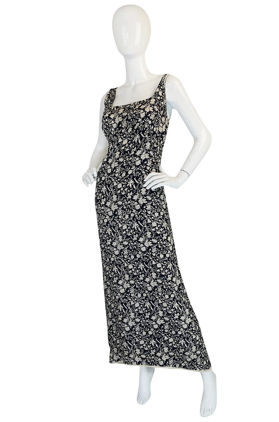 1930s Blue and Cream Bias Cut Silk Floral Print Dress