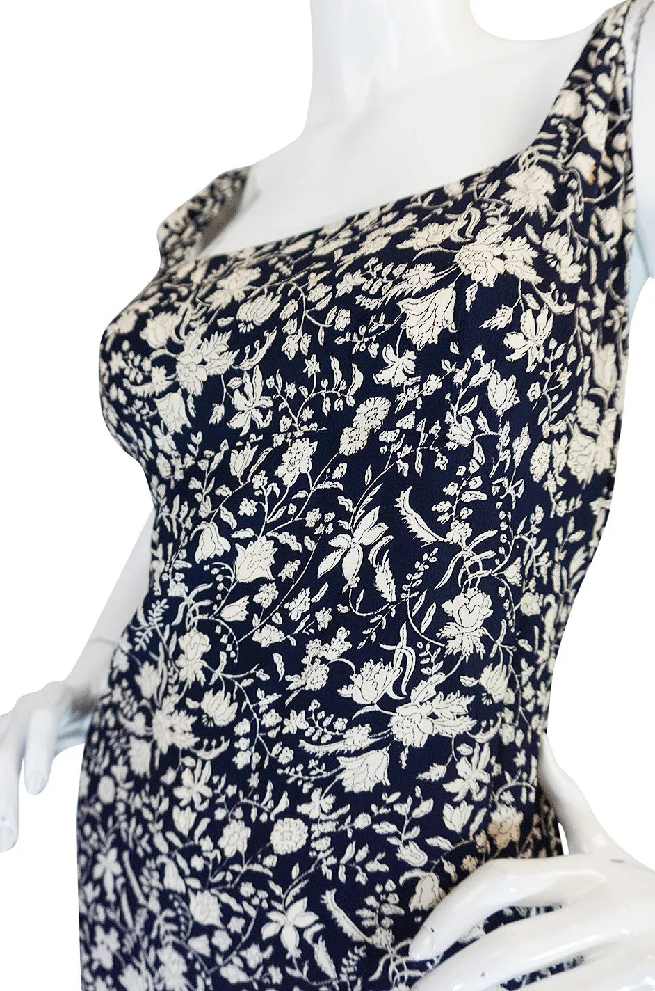 1930s Blue and Cream Bias Cut Silk Floral Print Dress