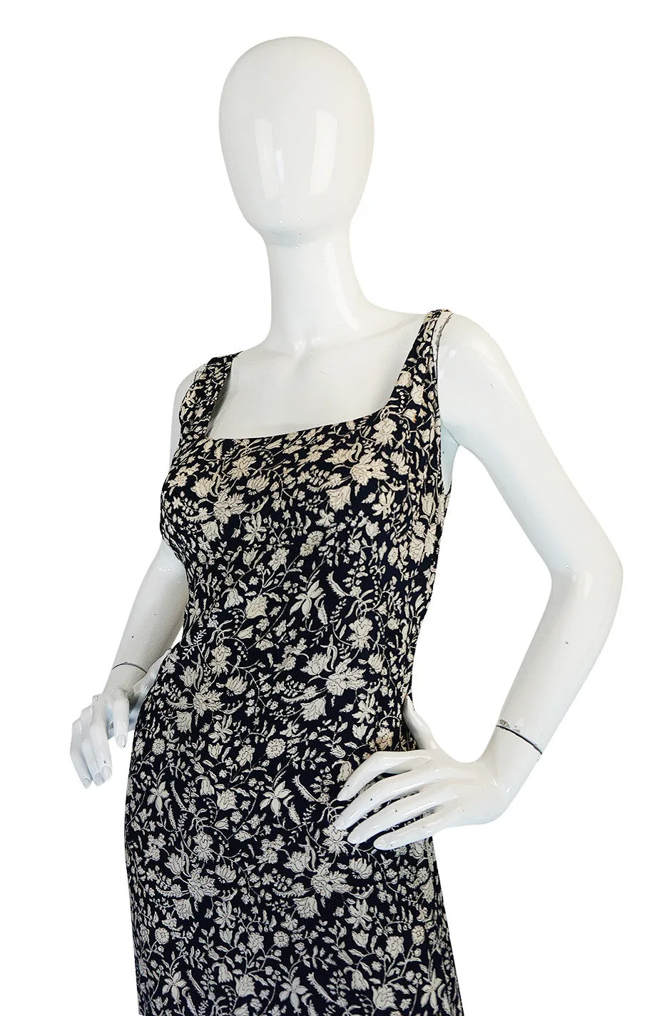 1930s Blue and Cream Bias Cut Silk Floral Print Dress