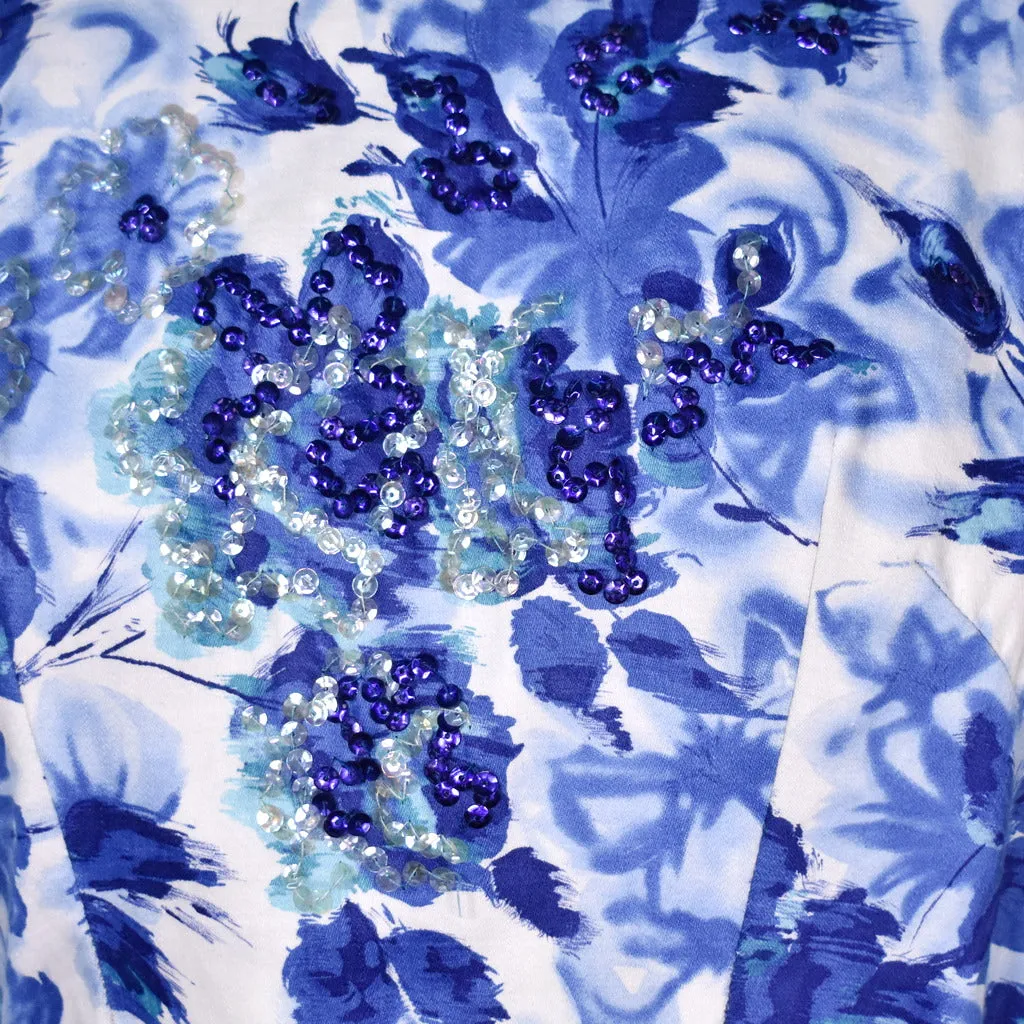 1950s Blue Sequin Floral Dress