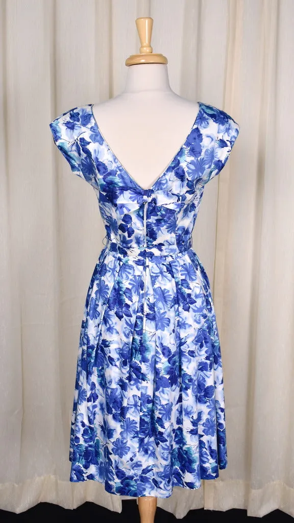 1950s Blue Sequin Floral Dress