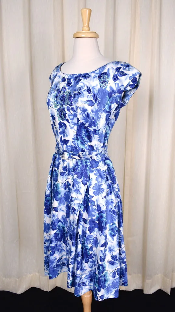 1950s Blue Sequin Floral Dress