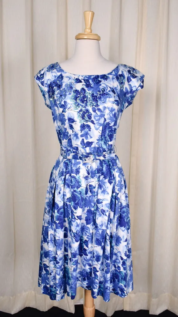 1950s Blue Sequin Floral Dress