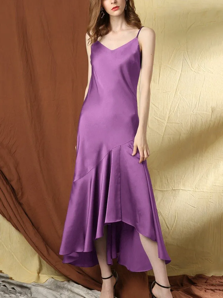 22 Momme Sexy Ruffled Long Silk Dress With High Slit