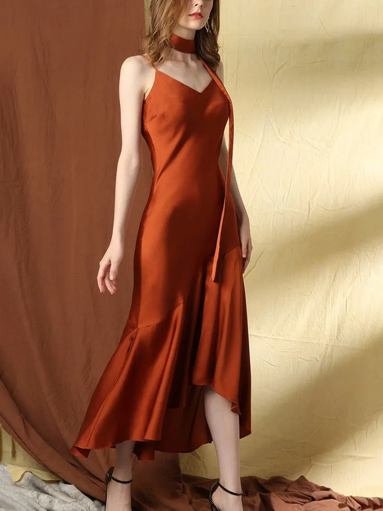 22 Momme Sexy Ruffled Long Silk Dress With High Slit