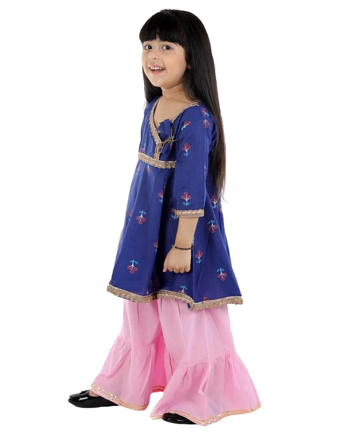 Ahhaaaa Cotton Jaipuri Anarkali Kurti-Orange Sharara Set For Baby Girls