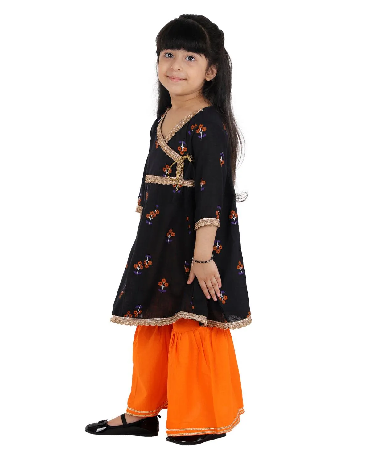 Ahhaaaa Cotton Jaipuri Anarkali Kurti-Orange Sharara Set For Baby Girls