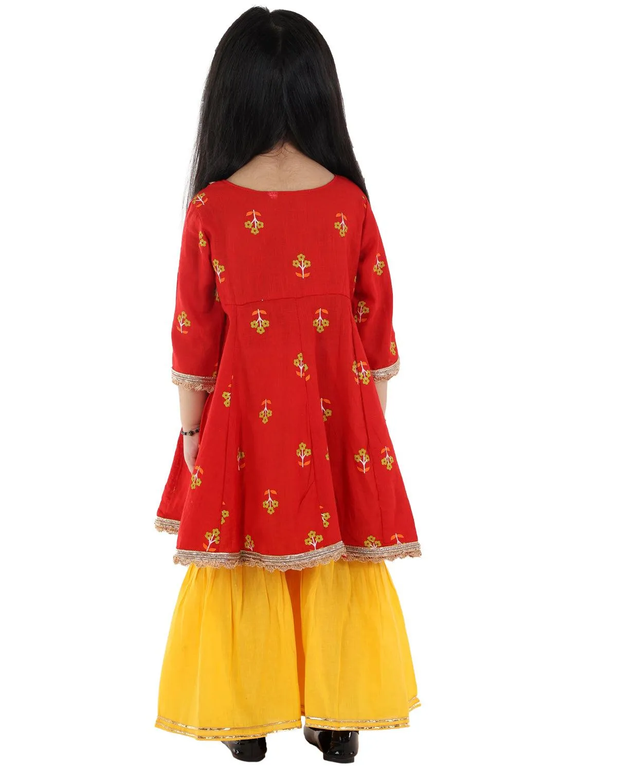 Ahhaaaa Cotton Jaipuri Anarkali Kurti-Orange Sharara Set For Baby Girls