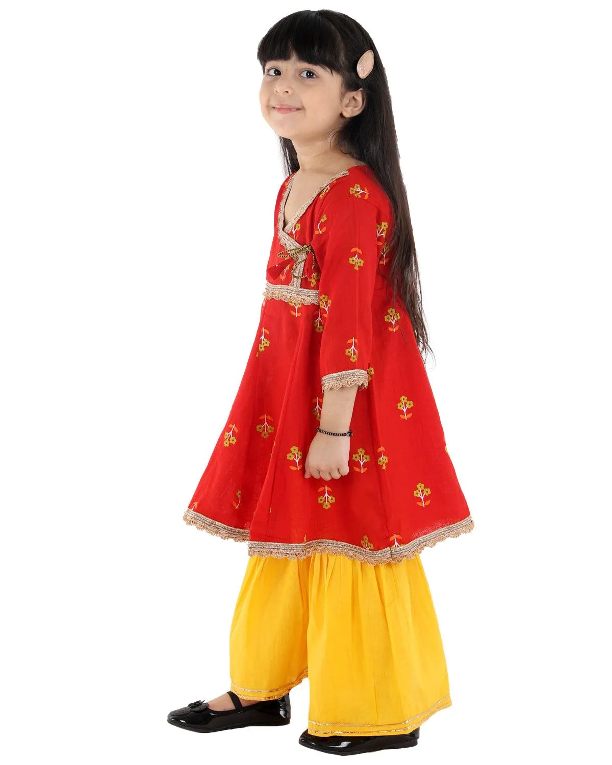 Ahhaaaa Cotton Jaipuri Anarkali Kurti-Orange Sharara Set For Baby Girls