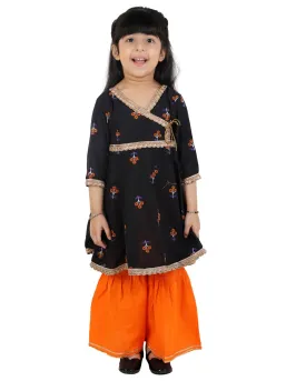 Ahhaaaa Cotton Jaipuri Anarkali Kurti-Orange Sharara Set For Baby Girls