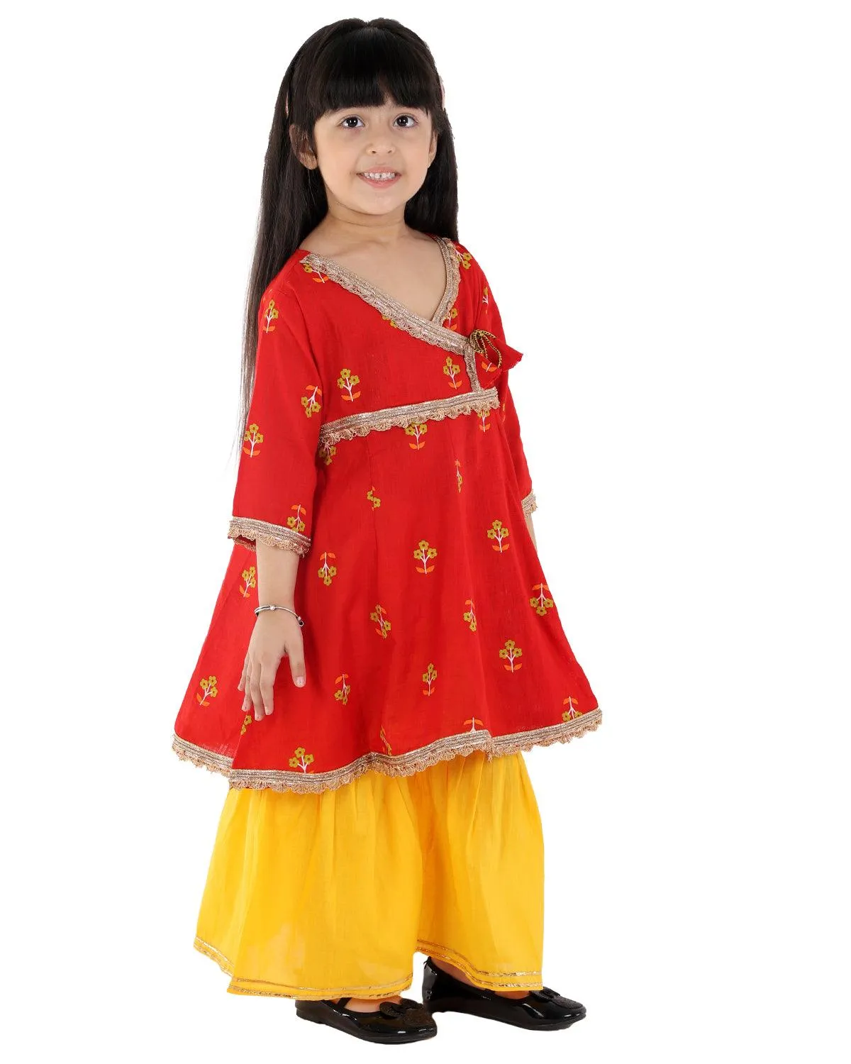 Ahhaaaa Cotton Jaipuri Anarkali Kurti-Orange Sharara Set For Baby Girls