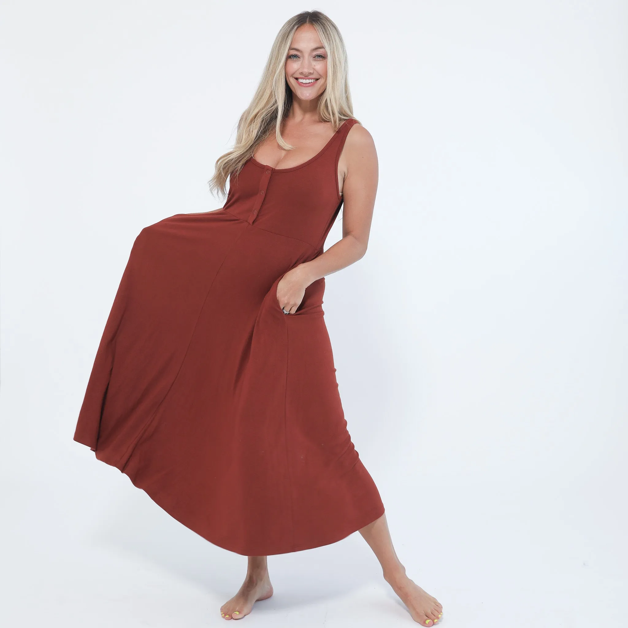 Audrey Softest Rib Nursing & Pregnancy Tank Dress (Rust)