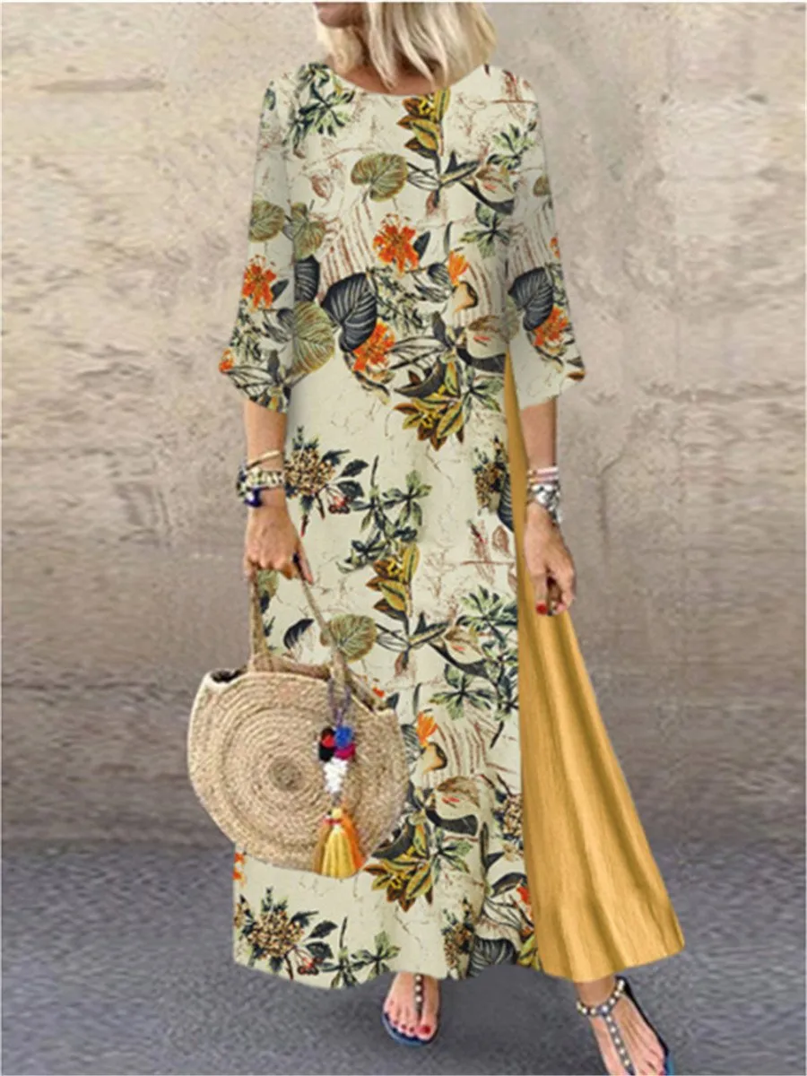 Autumn and Winter Vintage Flower Round Neck Patchwork Dress