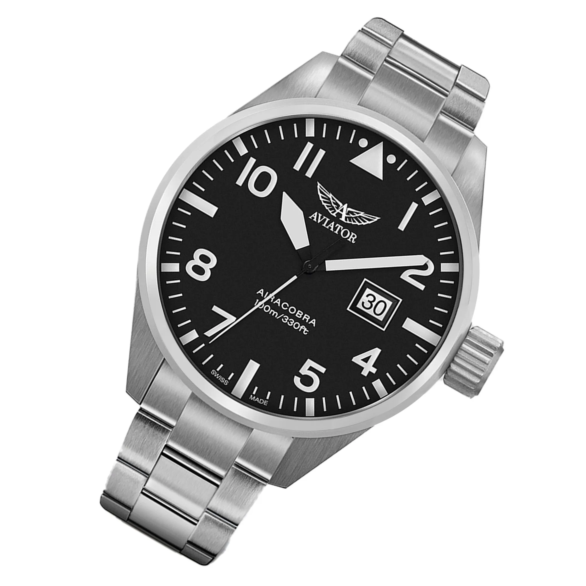 Aviator Silver Steel Black Dial Swiss Made Men's Watch - V12201485