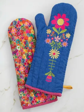 Bake Happy Double-Sided Oven Mitt - Blue Folk Flower Patchwork