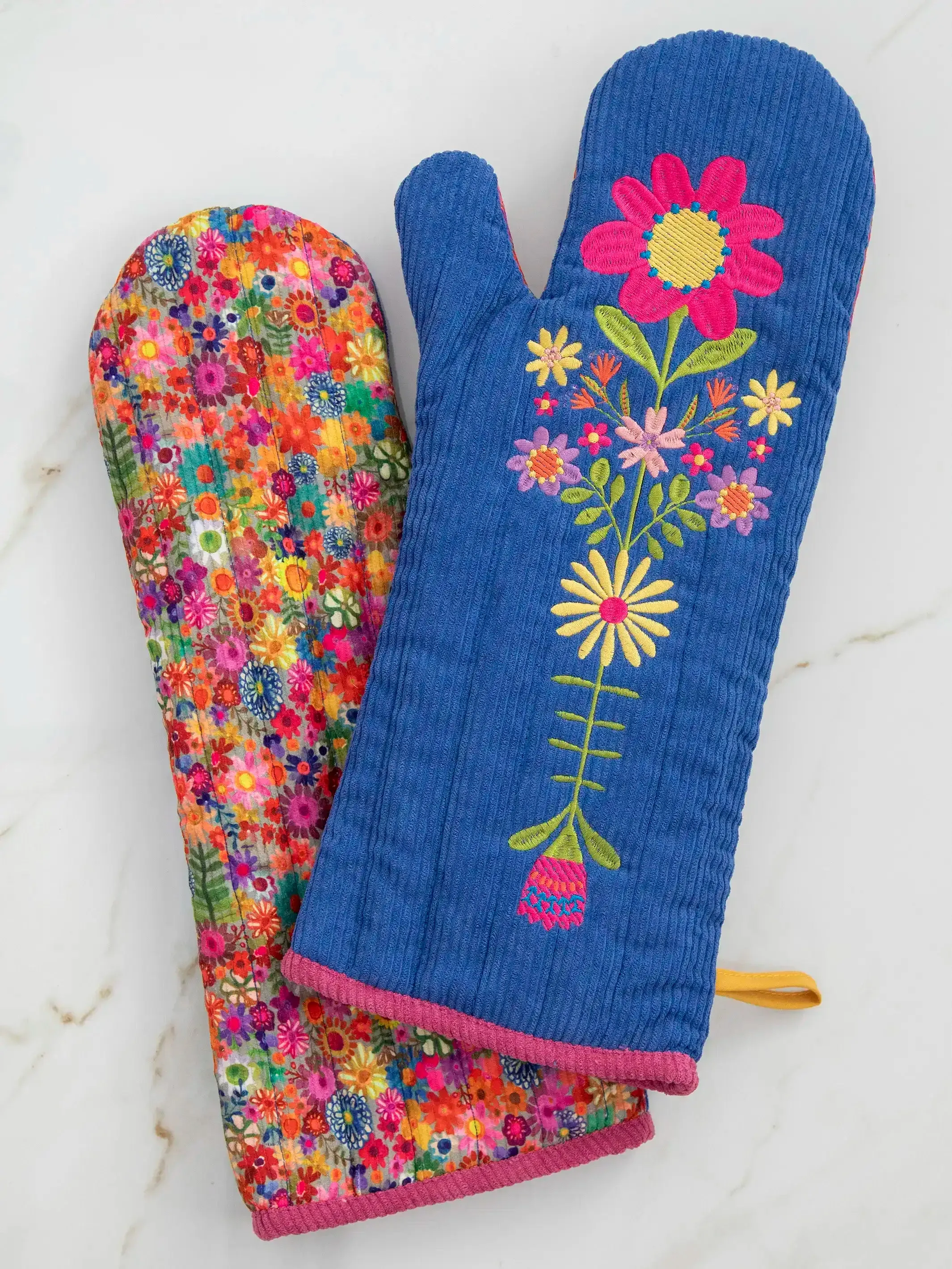 Bake Happy Double-Sided Oven Mitt - Blue Folk Flower Patchwork