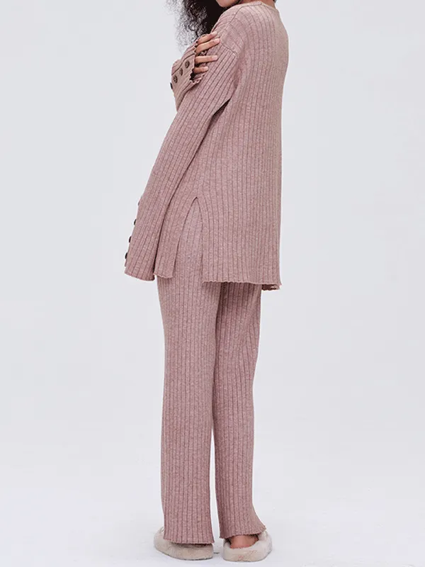 Button Design Solid Color Knit Suit