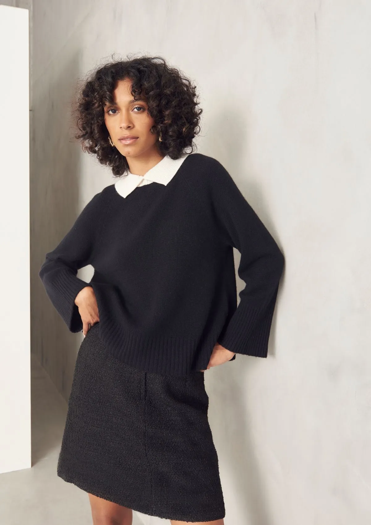 Cashmere A Line Collared Sweater in Chalk/Black