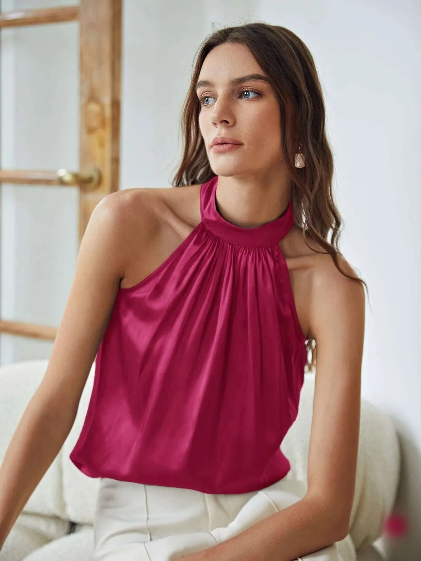 Classic Silk Gathered Halter Silk Top Sleeveless Silk Shirt for Women