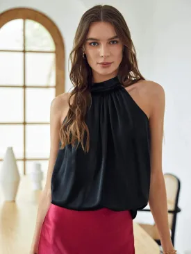 Classic Silk Gathered Halter Silk Top Sleeveless Silk Shirt for Women