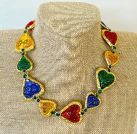 Couture designer style multi colored heart style necklace