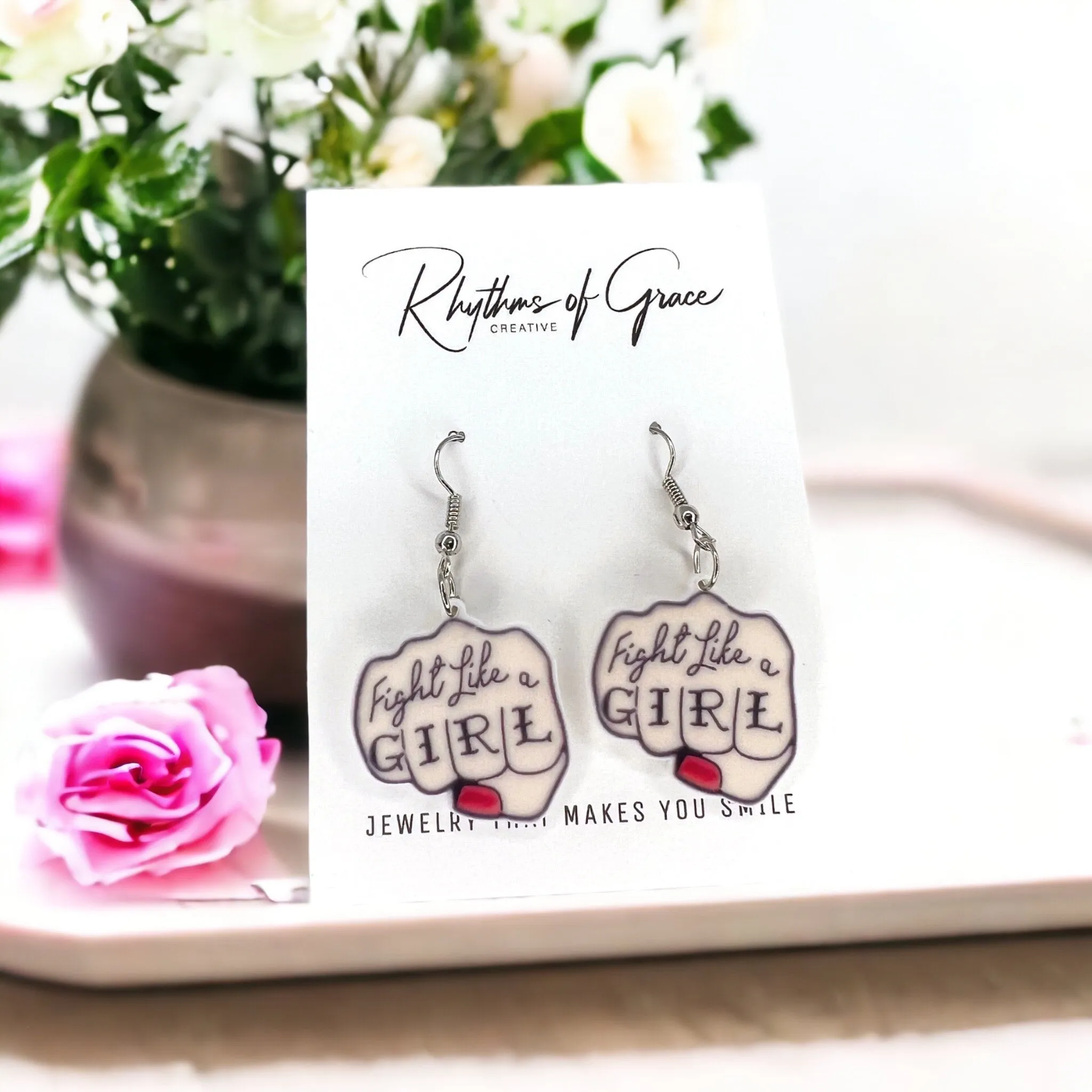 Fight Like a Girl Earrings - Breast Cancer Awareness, Team Pink, Save the Ta Ta's, Cure for Cancer, Pink Earrings