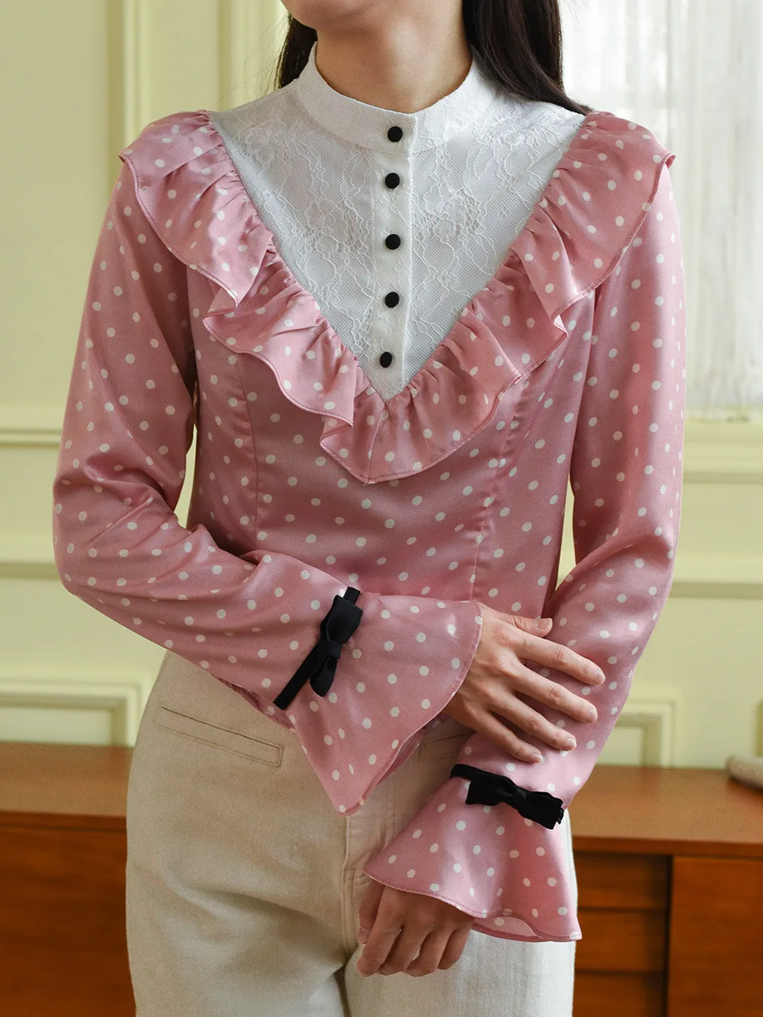 【Final Sale】Milana Mock Neck Contrast Lace Bow Trumpet Sleeves Polka Dot Blouse