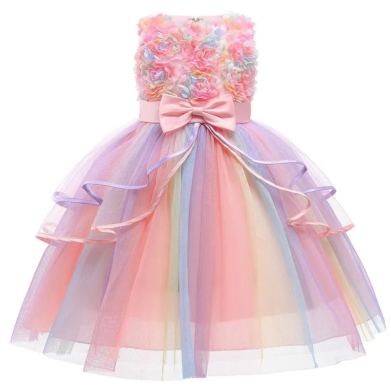 Girl Floral Patchwork Rainbow Dress Fairy Tale Dream Princess Dress Romantic Floral Children's Wear