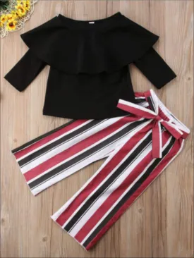 Girls Black Ruffle Off Shoulder Top & Stripe Pants Set