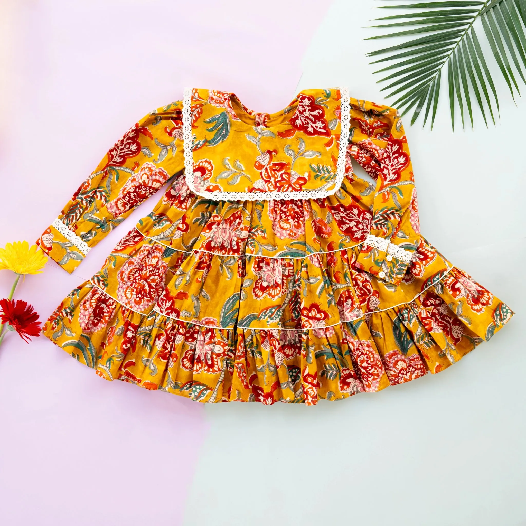 Golden Blossom Tiered Cotton Dress for Girls