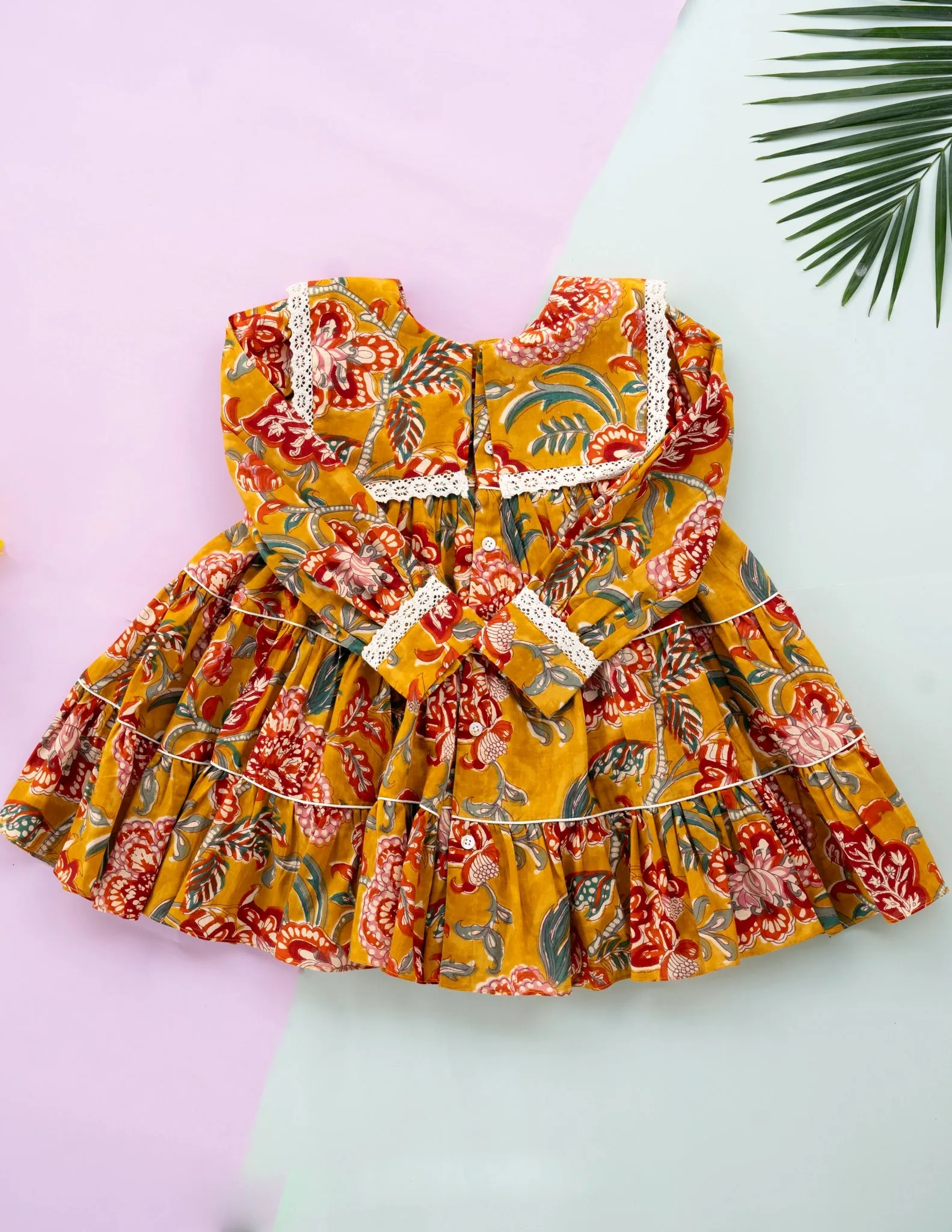 Golden Blossom Tiered Cotton Dress for Girls