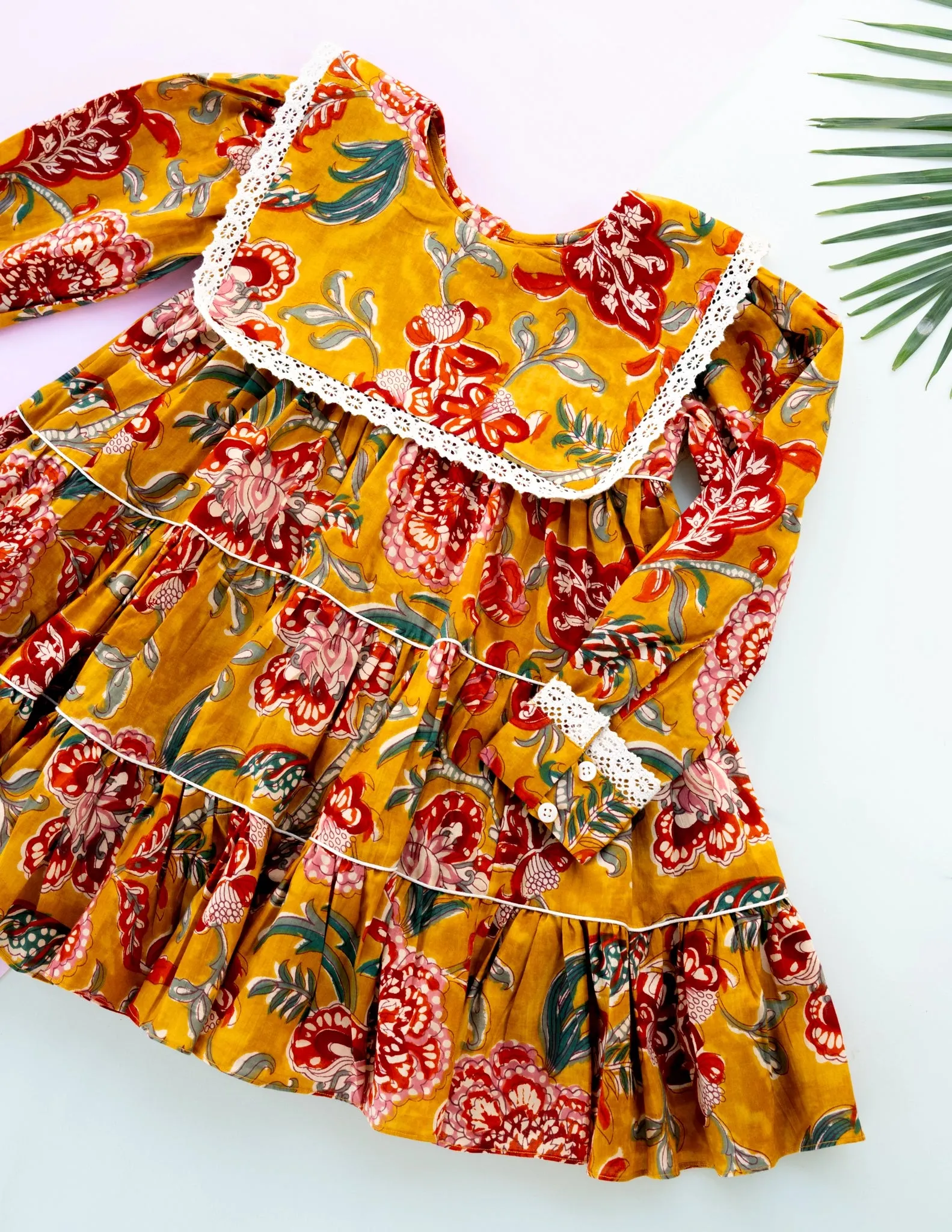 Golden Blossom Tiered Cotton Dress for Girls