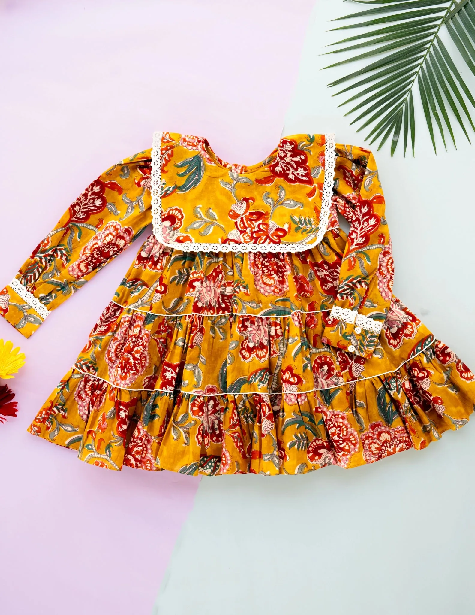 Golden Blossom Tiered Cotton Dress for Girls