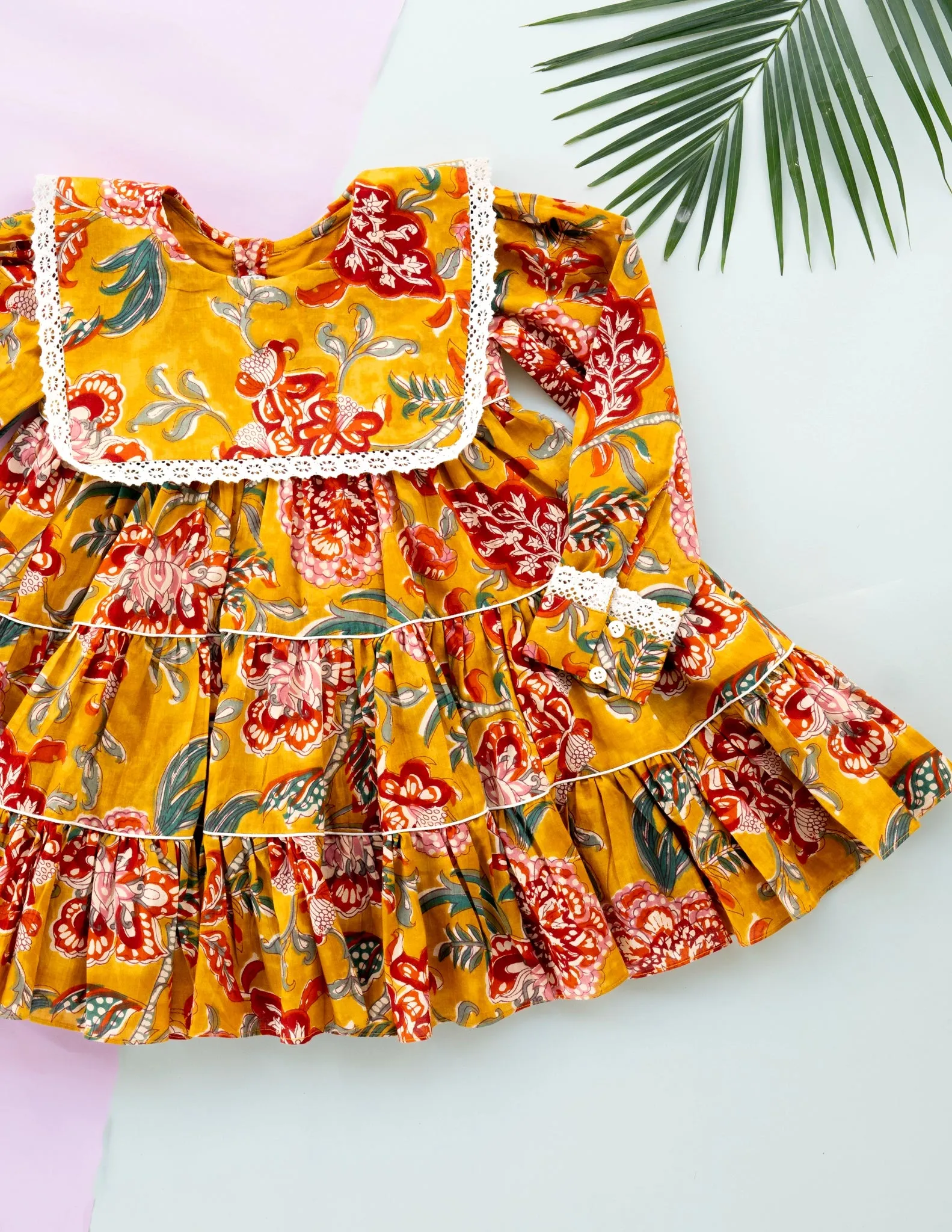 Golden Blossom Tiered Cotton Dress for Girls