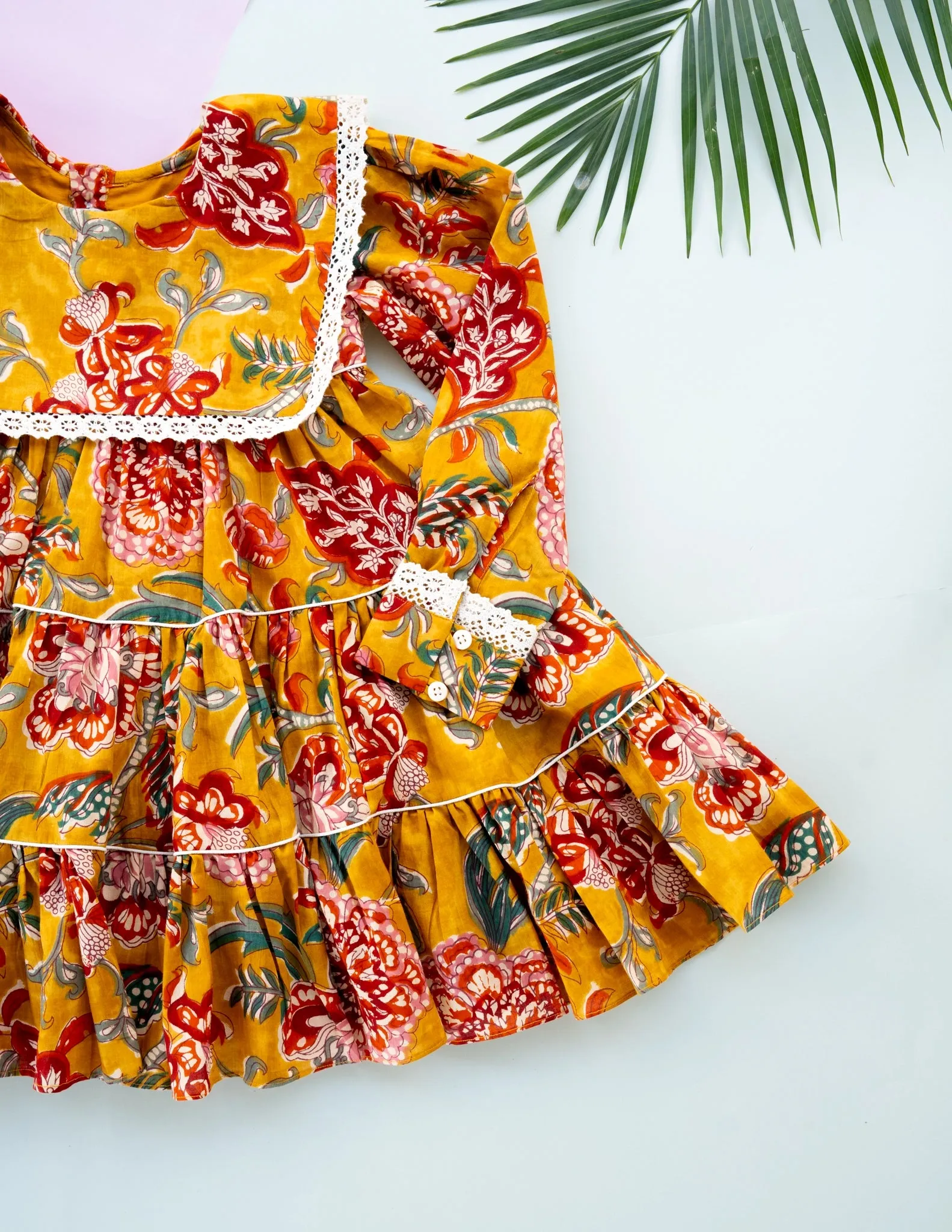 Golden Blossom Tiered Cotton Dress for Girls