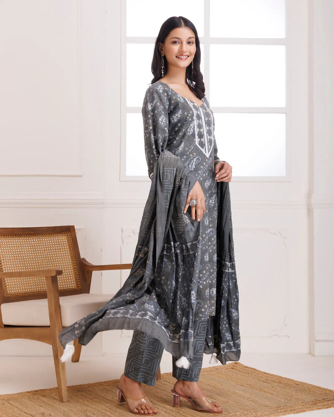 Grey Dabu Hand Block Printed Cotton Suit Set