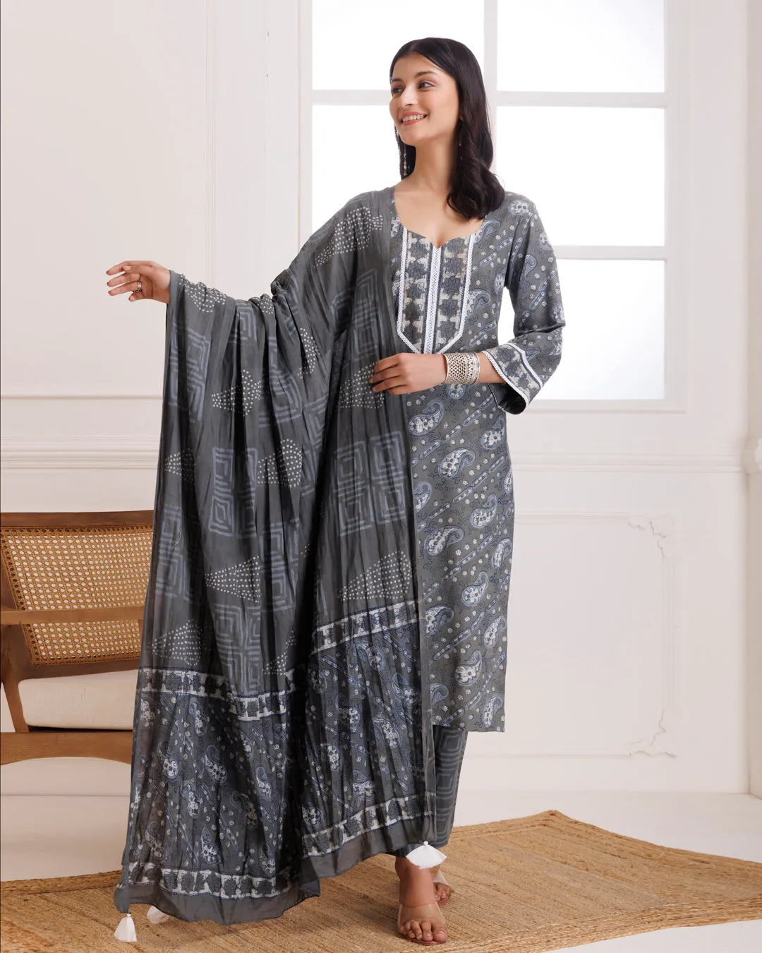 Grey Dabu Hand Block Printed Cotton Suit Set