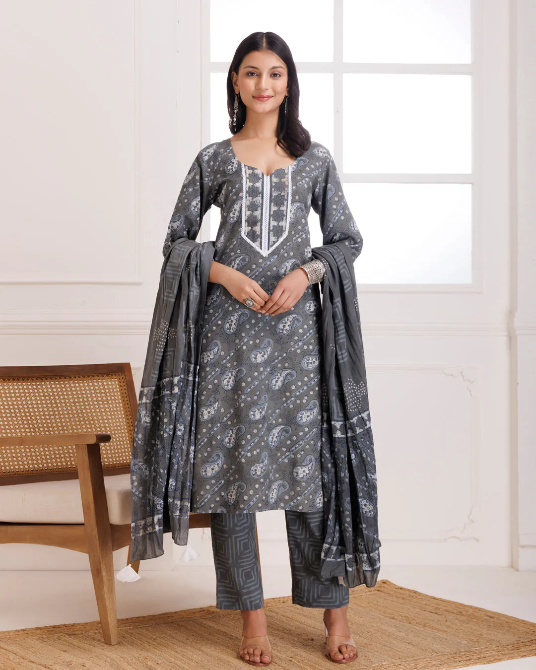 Grey Dabu Hand Block Printed Cotton Suit Set