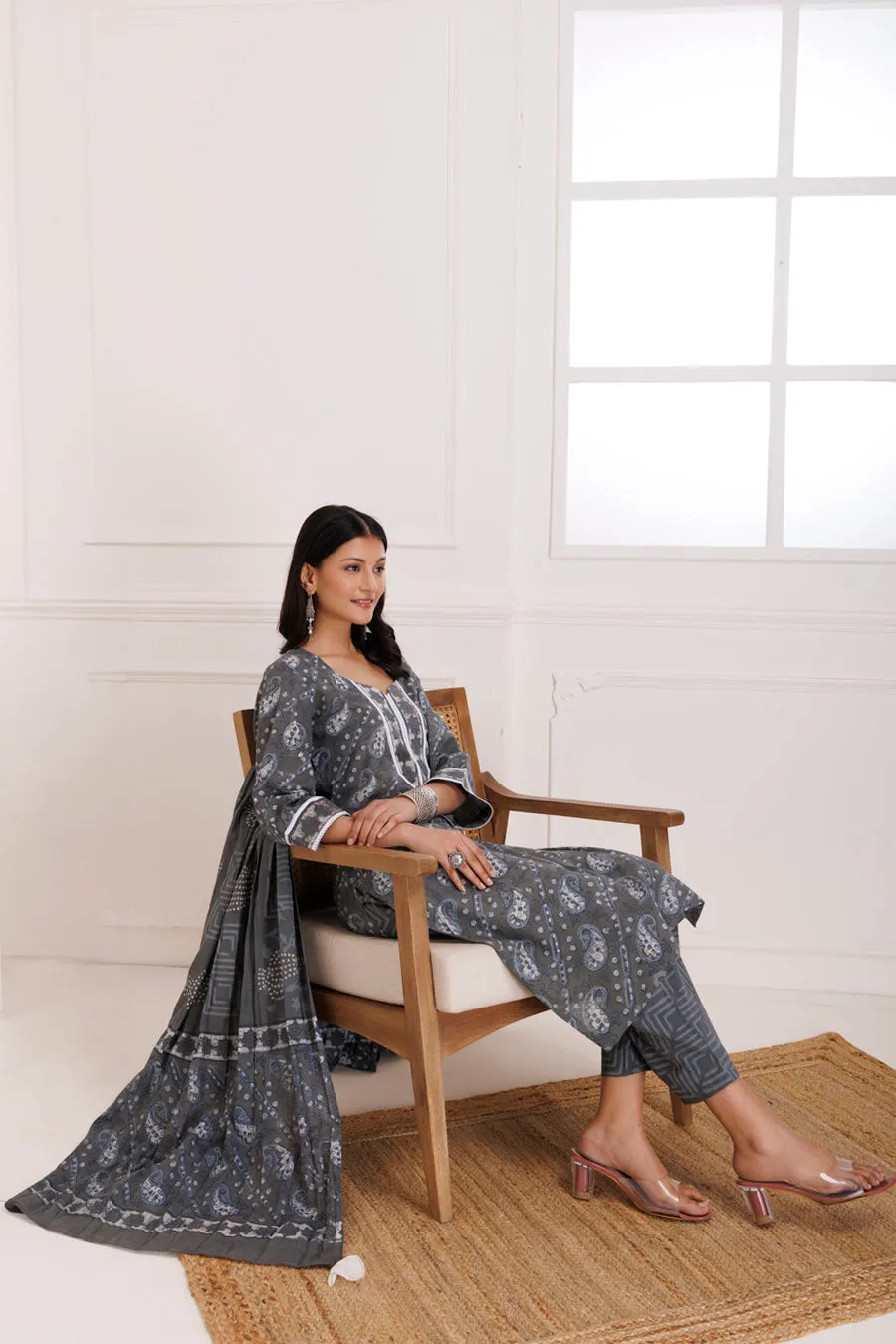 Grey Dabu Hand Block Printed Cotton Suit Set