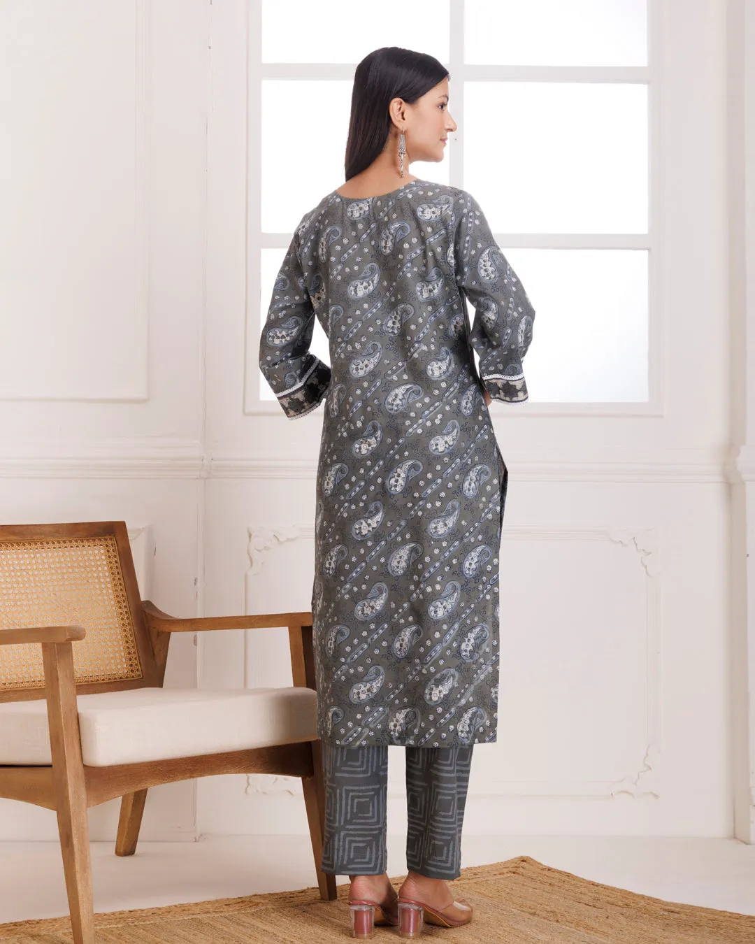 Grey Dabu Hand Block Printed Cotton Suit Set