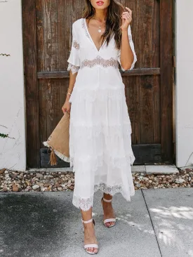 Lace Patchwork V Neck Maxi Dress