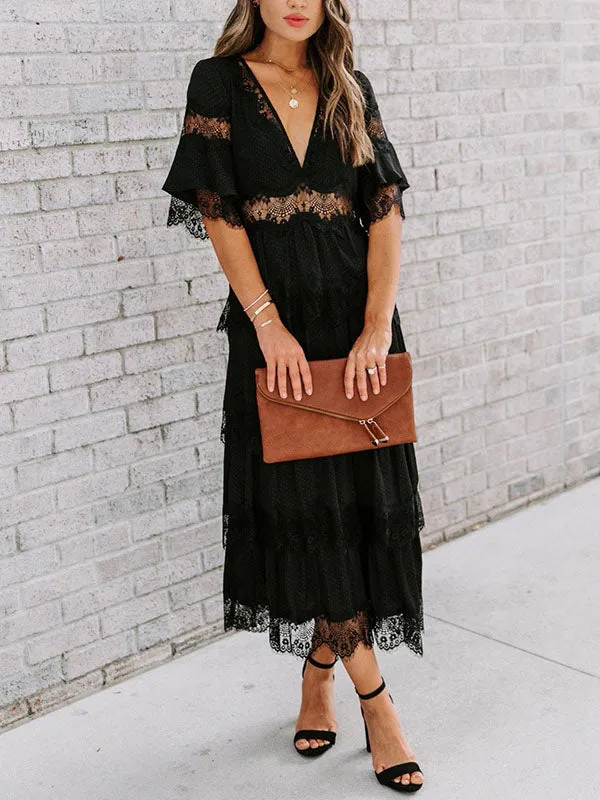 Lace Patchwork V Neck Maxi Dress