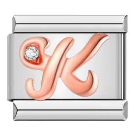 Letter K in Rose Gold with Stones, on Silver