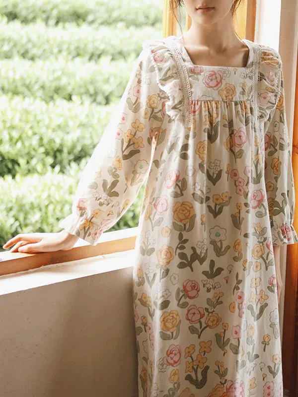 Long Sleeve Lace Trim Printed Nightgown