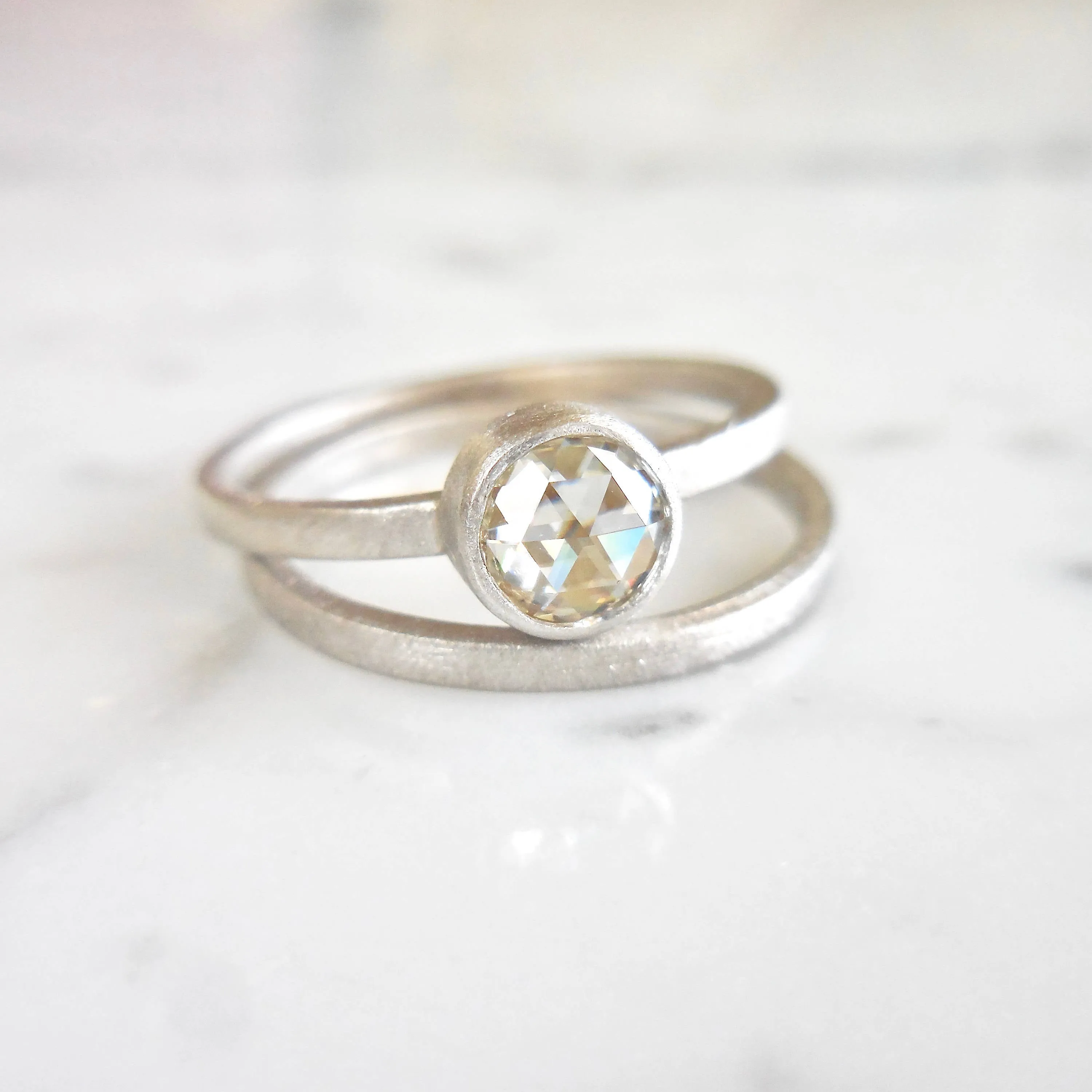 Moissanite Ring - Moissanite Engagement Ring - Bezel Rose Cut Moissanite Wedding Band Set