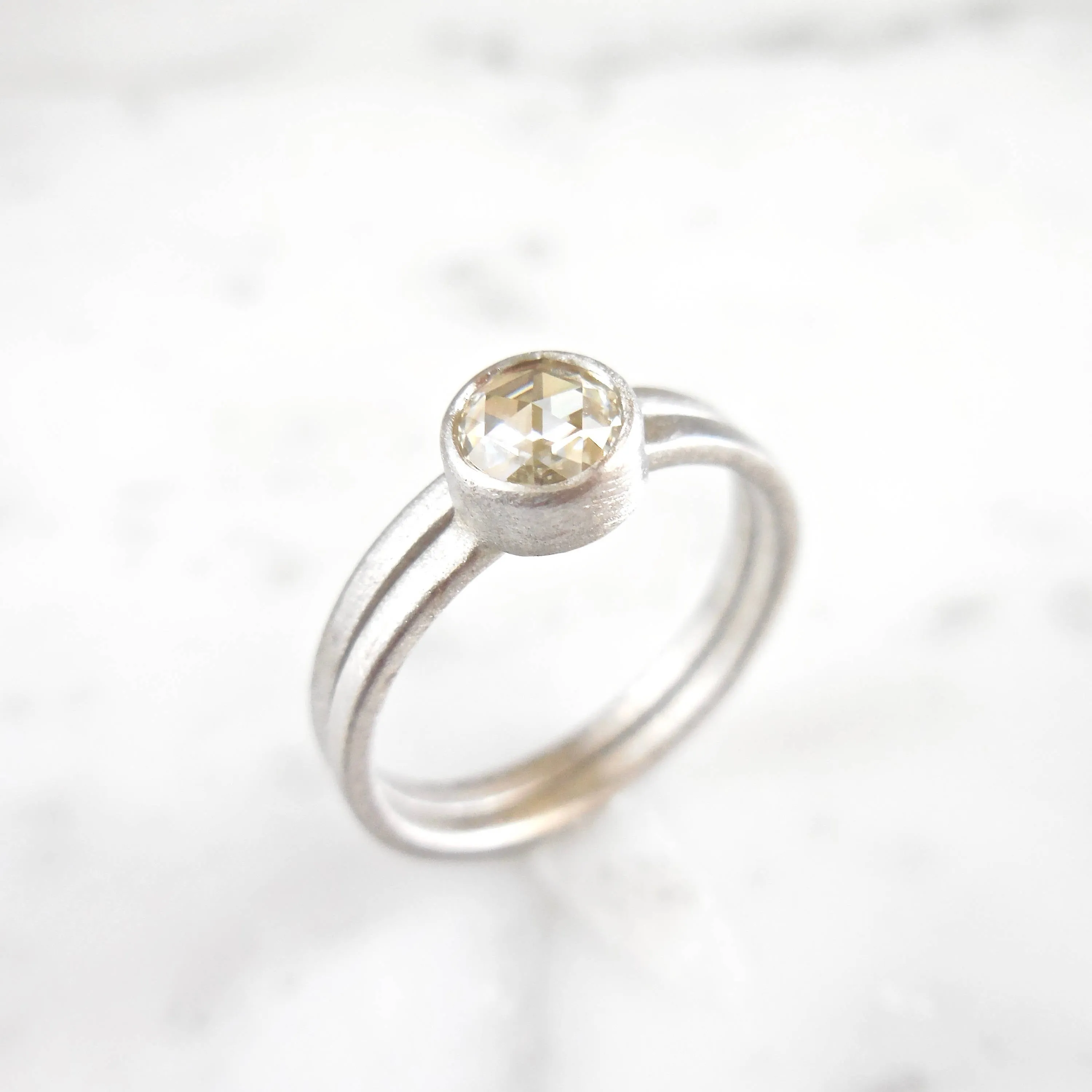 Moissanite Ring - Moissanite Engagement Ring - Bezel Rose Cut Moissanite Wedding Band Set