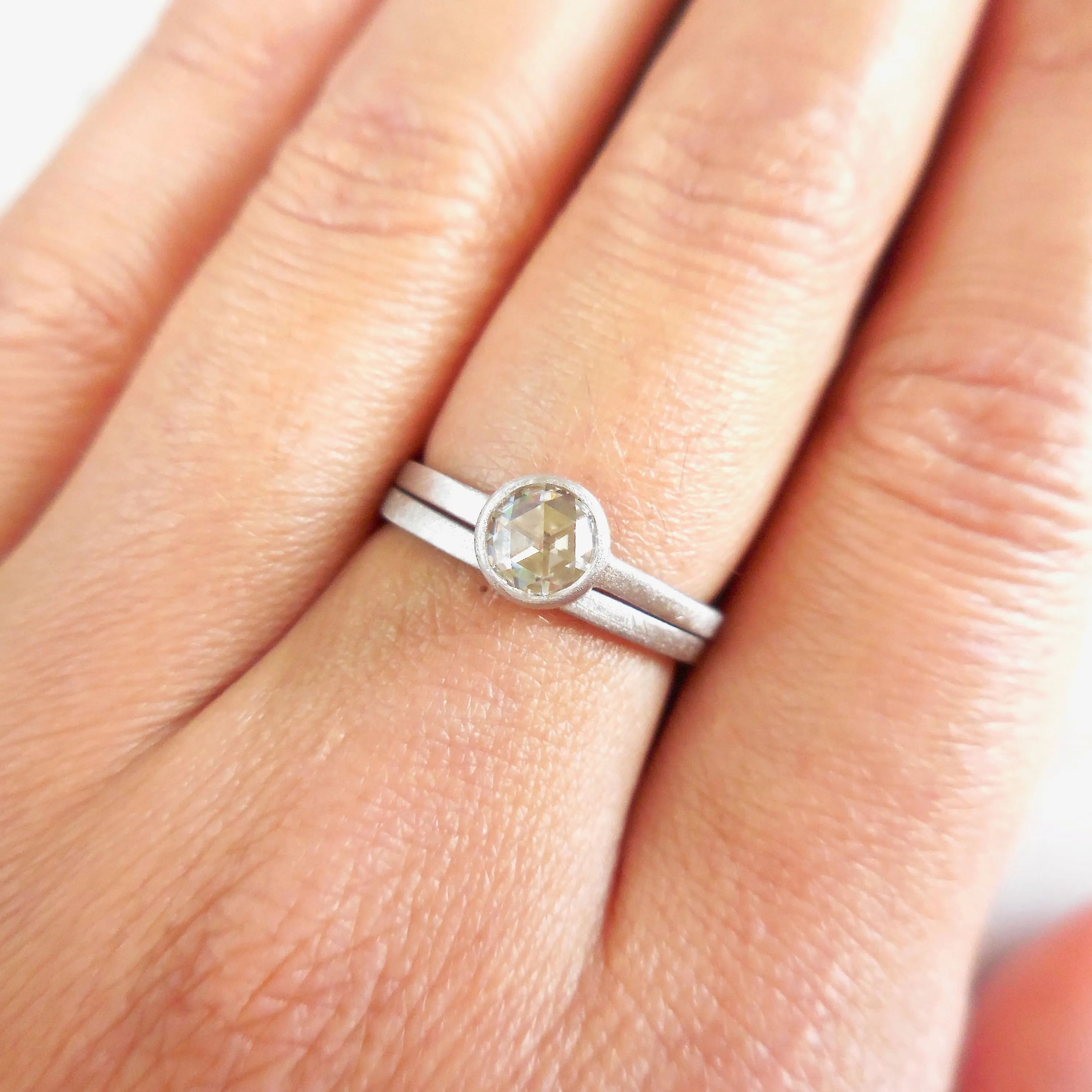 Moissanite Ring - Moissanite Engagement Ring - Bezel Rose Cut Moissanite Wedding Band Set